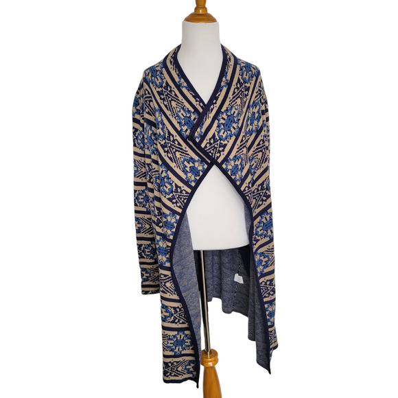 NEW Lucky Brand Scarf Print Cardigan Shawl Collar Open Blue Women Large - Picture 2 of 12